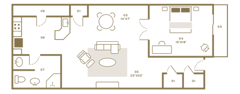 Floor plan for 1 bed, 1 bath, 1000 sqft